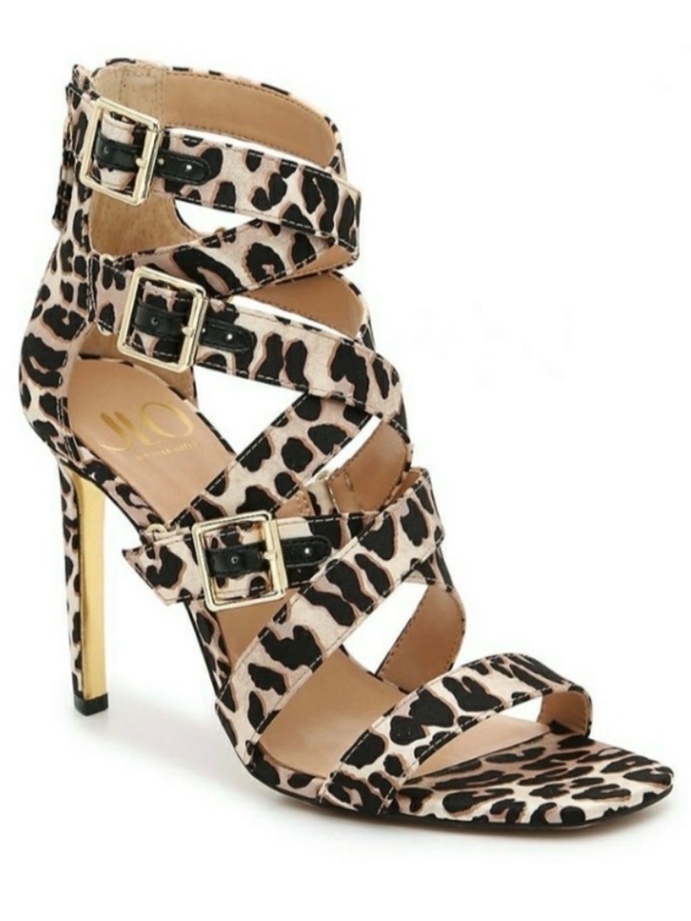 Jennifer Lopez Leopard Strappy Buckle Stiletto Sandal - Beige & Black